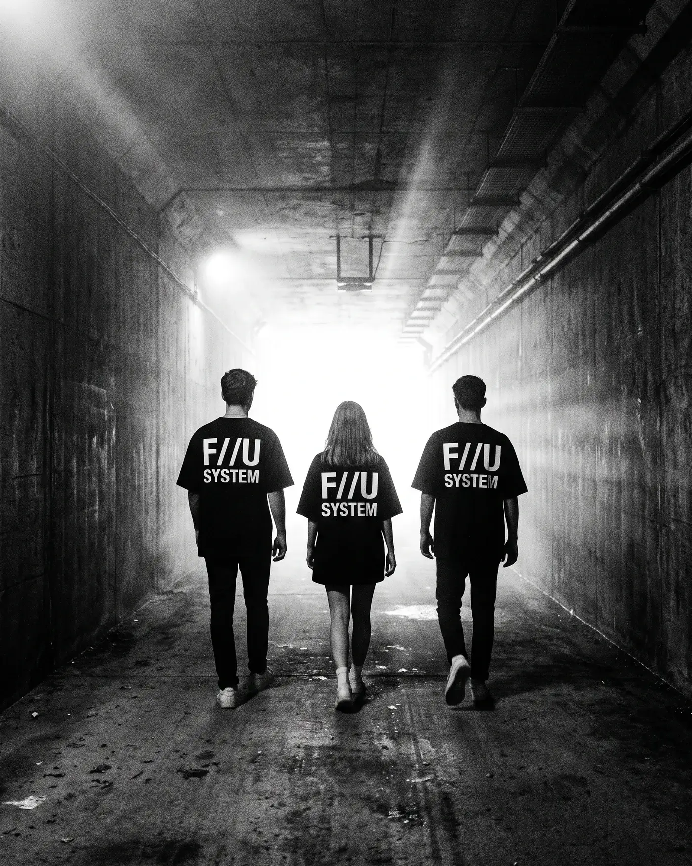 Three people walking through a tunnel, F//U SYSTEM on their backs