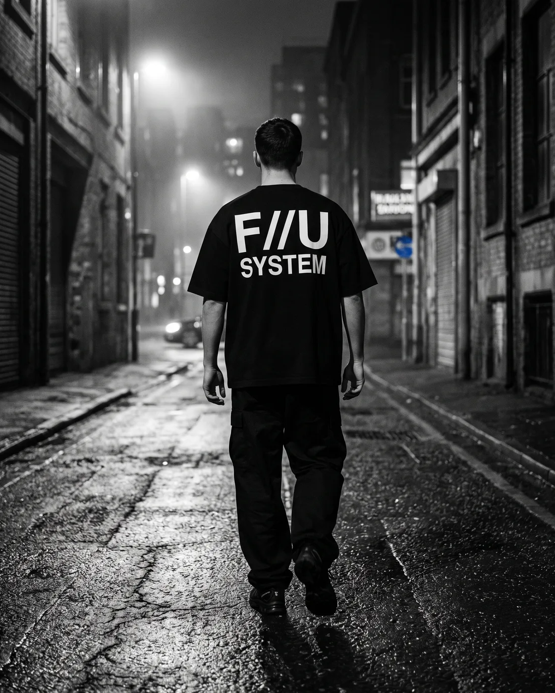 Black heavyweight tee, back print F//U SYSTEM